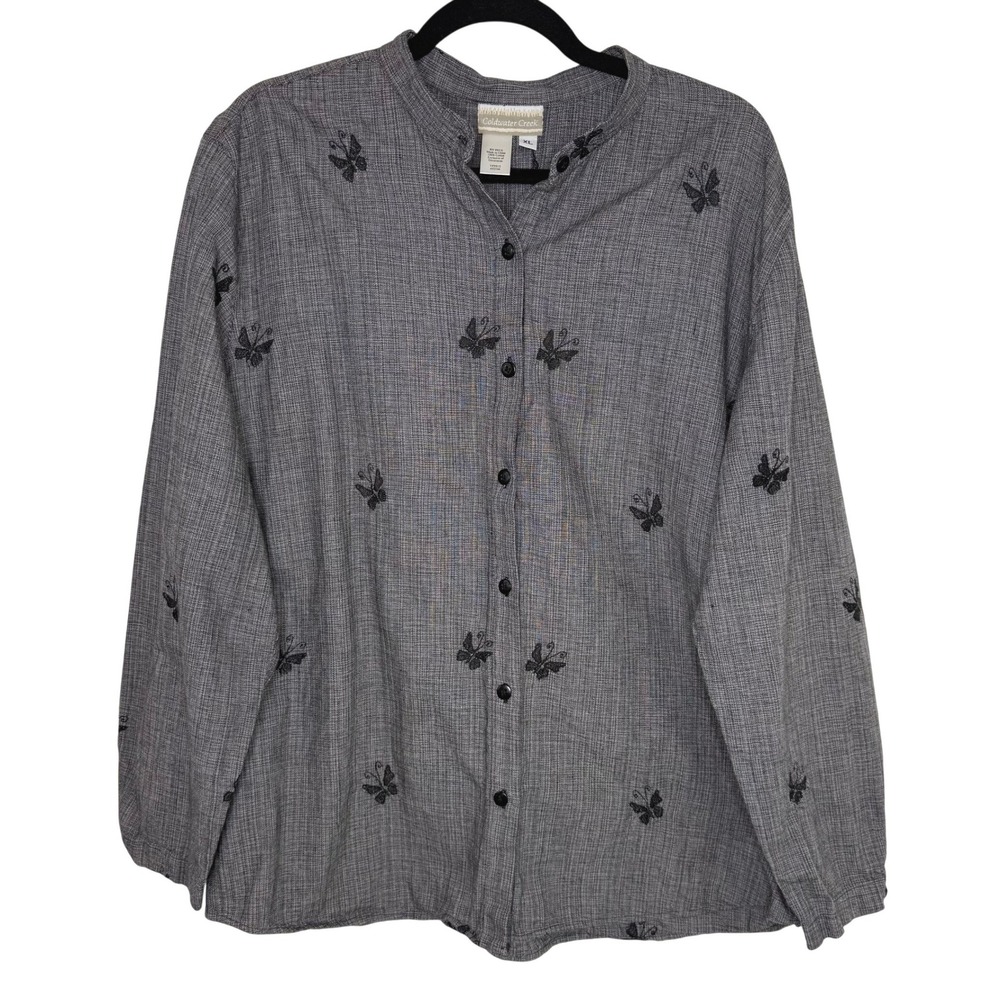 Coldwater‎ Creek Butterfly Embroidered Button Front Blouse 100% Cotton XL Gray